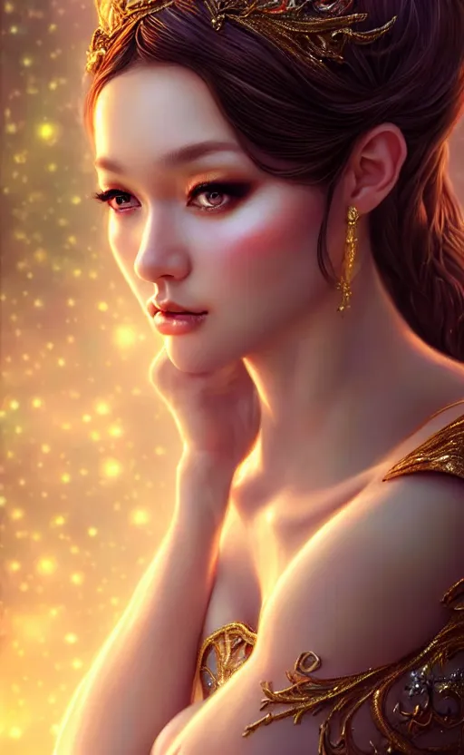 Image similar to a fantasy photo of gorgeous russian female, evening gown, bokeh, medium shot, beautiful face, professionally retouched, soft lighting, realistic, smooth face, perfect eyes, sharp focus, 8 k realistic high definition, insanely detailed, intricate, elegant, art by artgerm and kyoung hwan kim