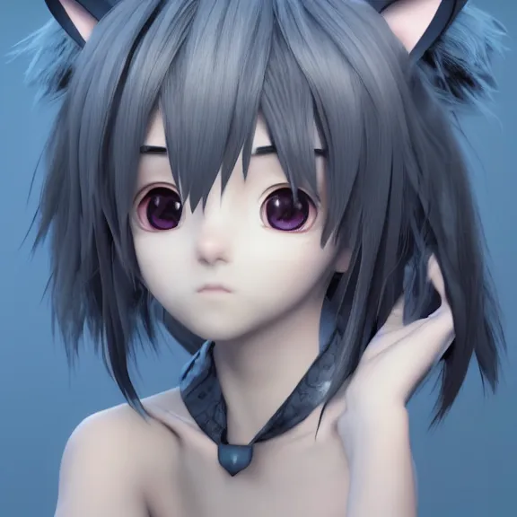 Image similar to 3D render of a cute anime boy with cat ears and tail, hair covering eyes, fantasy artwork, fluffy, mid-shot, award winning, hyper detailed, very very very beautiful, studio lighting, artstation, unreal engine, unreal 5, 4k, octane renderer