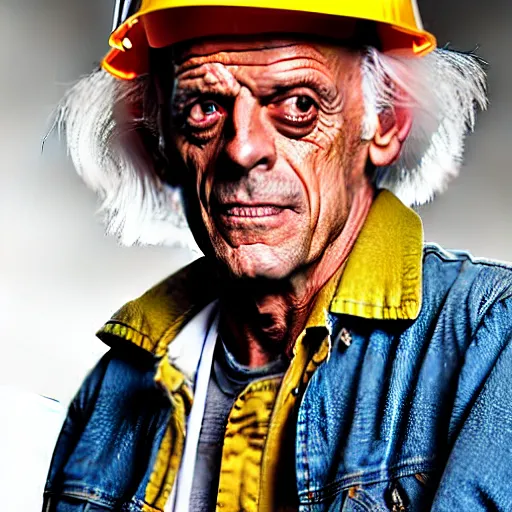 Image similar to a man who looks like christopher lloyd as doc brown back to the future, wearing a construction hat - h 7 6 8