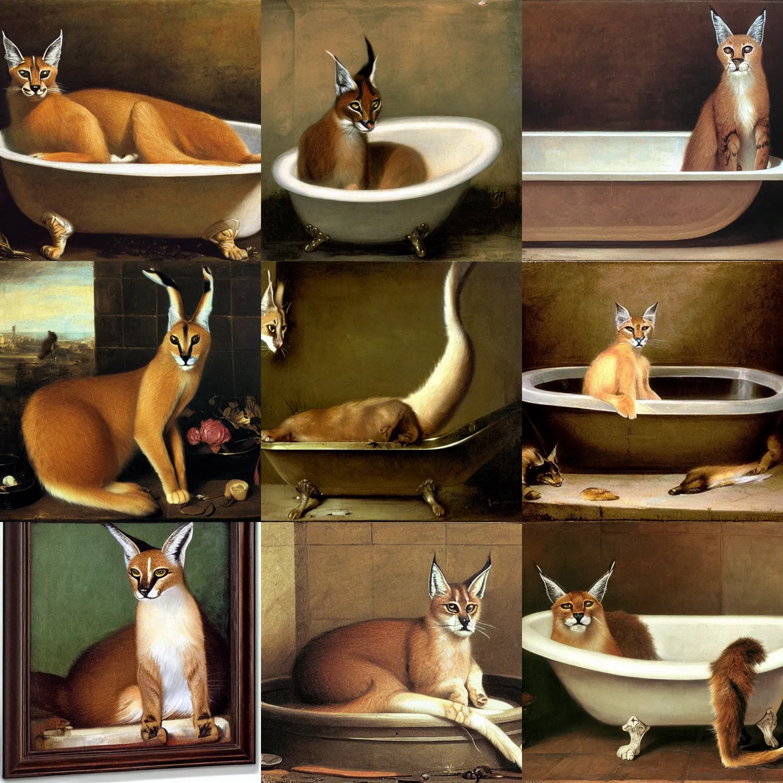 Image similar to cute caracal in bathtub, by Valentin de Boulogne