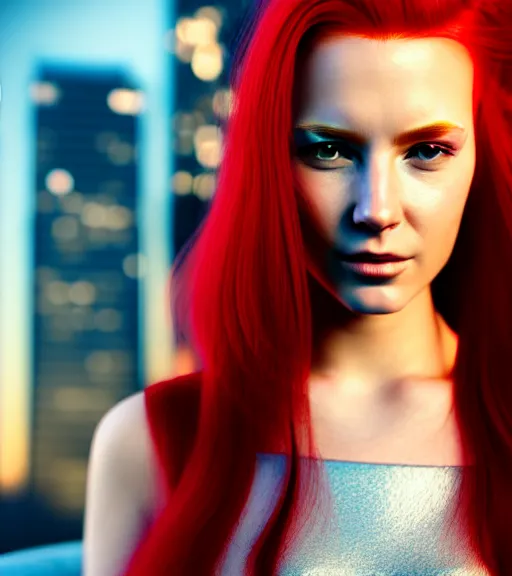 Image similar to realistic detailed profile portrait of a young beautiful cyberpunk woman with long red hair wearing a silver dress by family guy