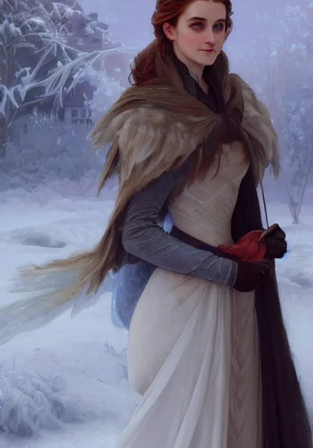 Prompt: sansa emma watson snow queen in ice dress, intricate, elegant, highly detailed, digital painting, artstation, concept art, smooth, sharp focus, illustration, art by artgerm and greg rutkowski and alphonse mucha and william - adolphe bouguereau