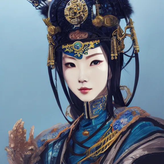 Prompt: ancient chinese princess with steampunk mask, dynasty warriors, divine, unreal engine, 8 k, blue color scheme, headshot, highly detailed, smooth, ink painting, artstation, concept art, in style of yoji shinkawa, pan ren wei, col price, atey ghailan, by greg rutkowski, aesthetic