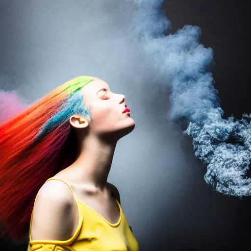 Image similar to woman made from coloured clouds and smoke, studio photo on a black background