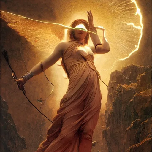 Image similar to Bright explosive Birth of Athena from the head of lightning god Zeus, hyperrealism, no blur, 4k resolution, ultra detailed, style of Greg Rutkowski, Carlos Schwabe, Dragan Bibin, Carl Spitzweg, Georges Desvallières, Tyler Edlin, Frank Frazetta