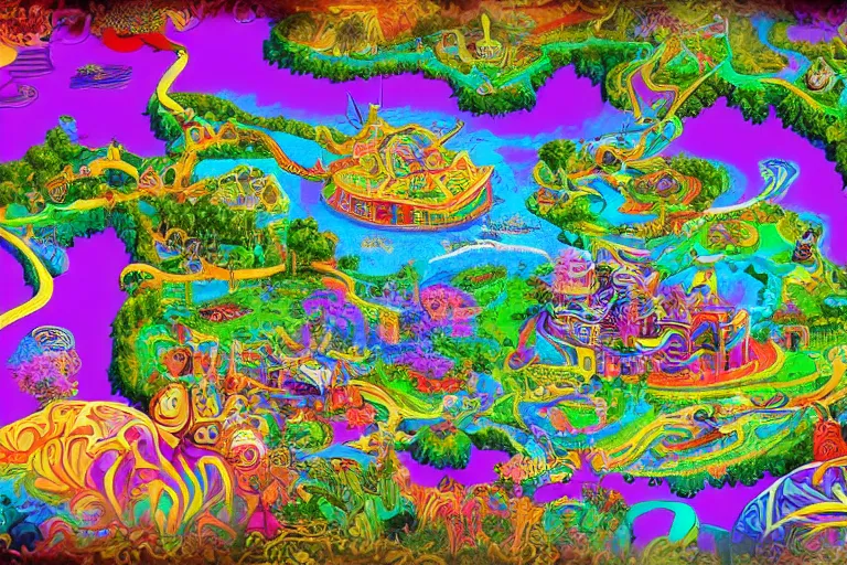 Image similar to Map of a psychedelic realm in the style of a theme park map highly detailed, full color, as painted by lisa frank and bob ross, unreal engine