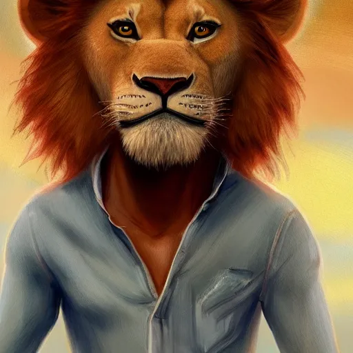 Image similar to a full-height portrait from afar of Simba form the Lion King look like an ordinary human boy with beautiful hair and the head of the lion, wearing a white T-shirt and blue jeans, humanisation, digital art style