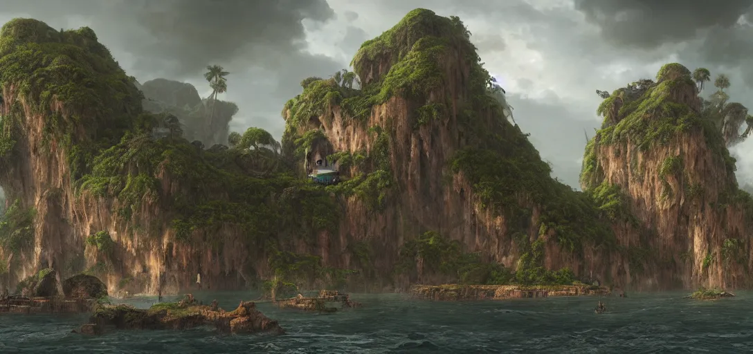 Image similar to skull Island, wooden fortress wall on a tropical island with ruff shore cliffs,landscape, raphael lacoste, eddie mendoza, alex ross, john howe, concept art, matte painting, highly detailed, rule of thirds, dynamic lighting, cinematic, detailed, denoised, centerd, clean render