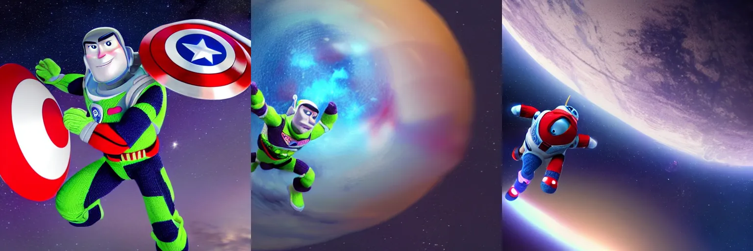 Image similar to a photorealistic photograph of a knitted Buzz Lightyear as Captain America flying through outer space featuring shield Trending on Artstation, featured on Behance, well-rendered, Unreal Engine, 4K HD