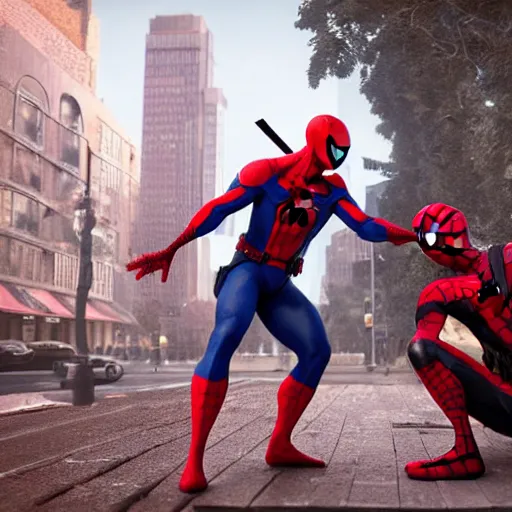 Image similar to spider man shaking hands with deadpool, au naturel, hyper detailed, digital art, trending in artstation, cinematic lighting, studio quality, smooth render, unreal engine 5 rendered, octane rendered, art style by klimt and nixeu and ian sprigger and wlop and krenz cushart