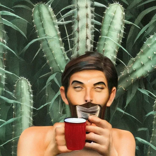 Image similar to spartan drinking tea with trichocereus background and smoke haze