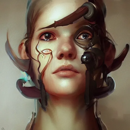 Image similar to squid games a mouth a bit open, two eyes half closed and half a smile on her soul makes a beautiful portrait on the wall. by artgerm, alina ivanchenko, ruan jia and mandy jurgens