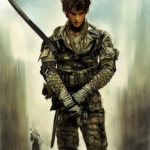 Image similar to cinematic portrait of a young white hero using his right arm to hold his sword covering his eye by yoji shinkawa, high quality, extra details, realism, ornate, colored, golden chain, blood, white skin, short hair, brown eyes, vivid, sunlight, dynamic, american man, freedom, white american soldier, painting, cybernetics, military