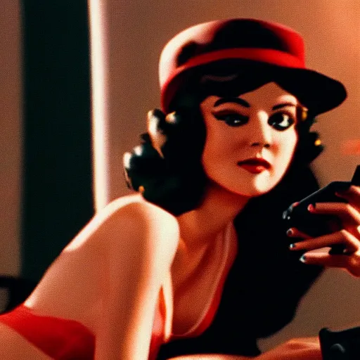 Prompt: a still of a pin up girl playing a videogame, in the movie A Clockwork Orange, cinematic lighting 4k, bokeh