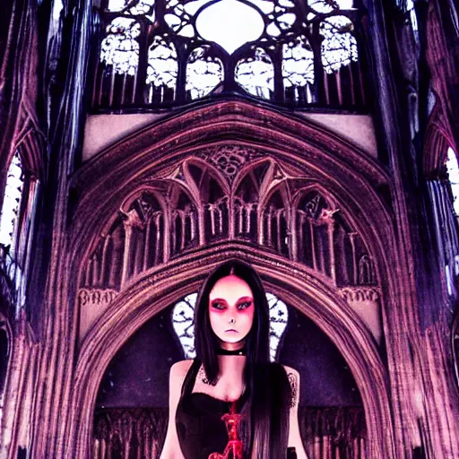 Image similar to gothic girl dressed in black, perfect face, macro head shot, behind her a whole gothic cathedral, perfect photo the full cathedral is visible, wide lens, no decaying lines, the windows of the cathedral are reflecting red flame lights, delicate mandala intricate ornaments