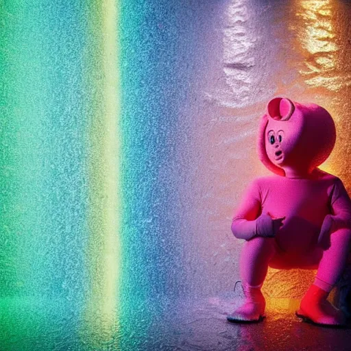 Image similar to human portrait of a teletubbie made out of rain, beautiful, neon, epic detail, rendered in octane, unreal engine