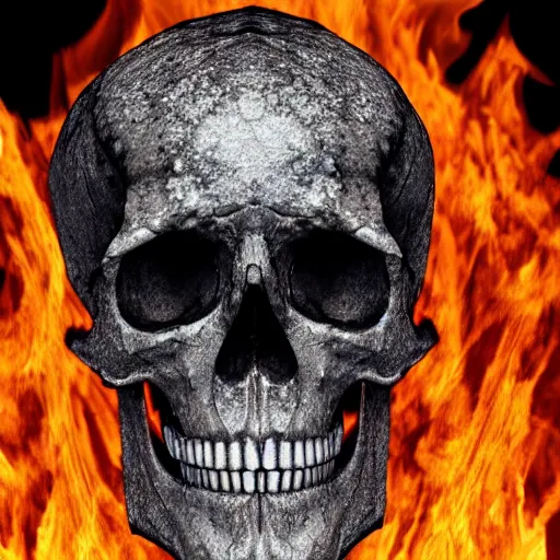 Image similar to a skull on a pile of burning coals and embers, isometric, 3 d render, 8 k