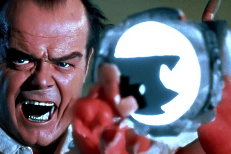 Prompt: Jack Nicholson plays Pikachu Terminator, scene where his inner endoskeleton gets exposed and his eye glows red, still from the film
