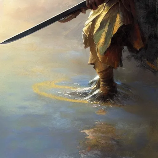 Image similar to a beautiful painting of a hand holding a sword, appearing out of water by james gurney and craig mullins