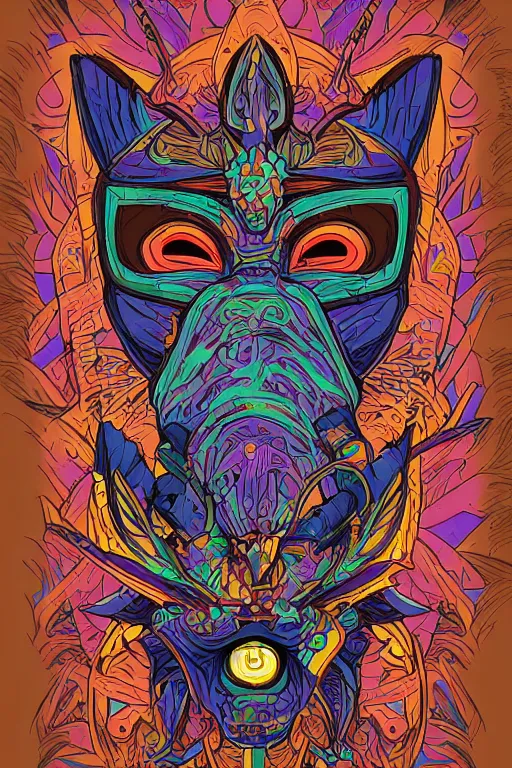 Image similar to animal mask totem roots flower tribal feather gemstone plant wood rock shaman vodoo video game vector cutout illustration vivid multicolor borderlands comics by josan gonzales and dan mumford radiating a glowing aura