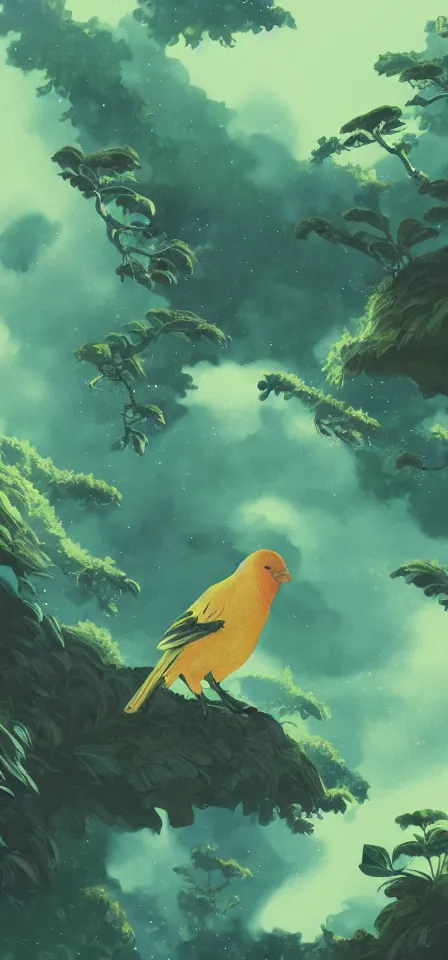 Prompt: bird in the cloud forest, scifi. gouache and gold leaf work by the award - winning mangaka, bloom, chiaroscuro, backlighting, depth of field.