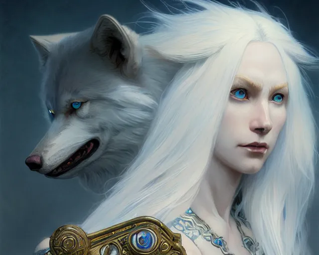 Image similar to albino wolf with blue eyes, deep focus, d & d, fantasy, intricate, elegant, highly detailed, digital painting, artstation, concept art, matte, sharp focus, illustration, hearthstone, art by artgerm and greg rutkowski and alphonse mucha