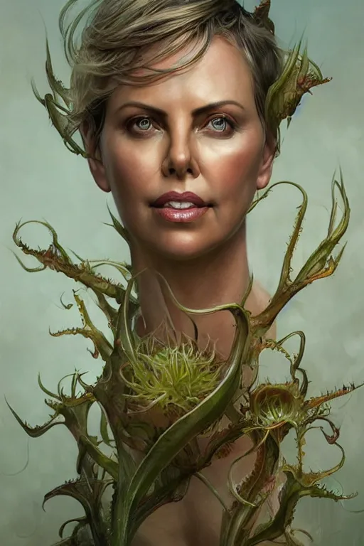 Image similar to Portrait of Charlize Theron as Venus flytrap, intricate, highly detailed, smooth, artstation, digital illustration by Ruan Jia and Mandy Jurgens and Artgerm and Wayne Barlowe and Greg Rutkowski and Zdislav Beksinski