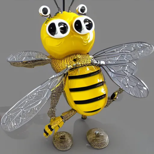 Prompt: 3d bee made of metal, shiny, playing guitar onstage