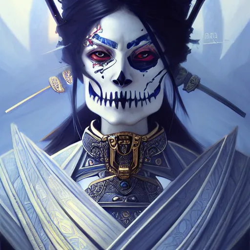 Image similar to samurai skeleton dark, d & d, blue eyes, dark fantasy, intricate, elegant, highly detailed, digital painting, artstation, concept art, smooth, sharp focus, illustration, art by artgerm and greg rutkowski and alphonse mucha