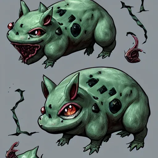 Prompt: Bulbasaur in style of Bloodborne. Concept art, cosmic horror, body horror, ArtStation.