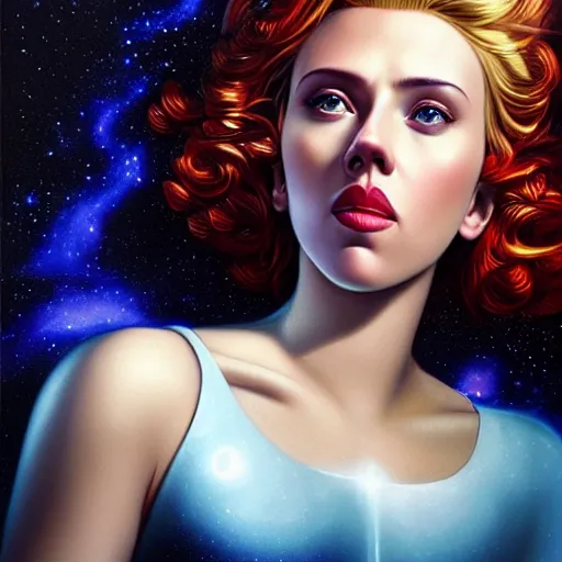 Image similar to cosmic holy angel portrait of scarlett johansson, divine light and clouds, Pixar style, by Tristan Eaton Stanley Artgerm and Tom Bagshaw.