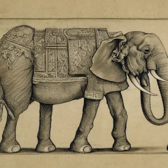 Prompt: a detailed, intricate drawing on parchment with white highlights of a war elephant with heavy armor on a beach, by albrecht durer