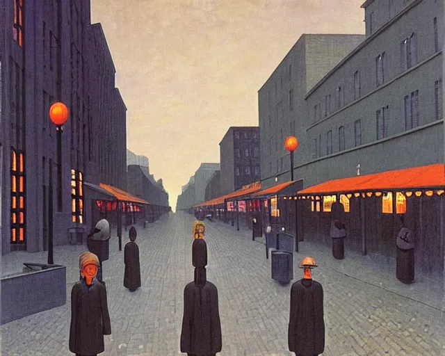 Image similar to street with food stands in a cyberpunk city on a rainy melancholy night by rene magritte