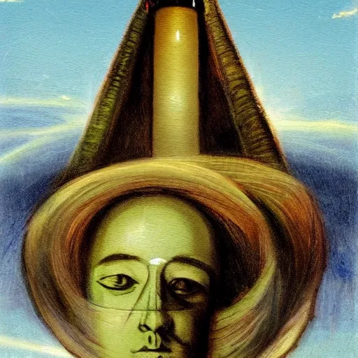 Image similar to romanticism painting of a rocket with a human face