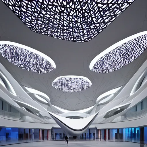 Image similar to stunning beautiful futuristic museum interior by Zaha Hadid, dragonfly wings pattern