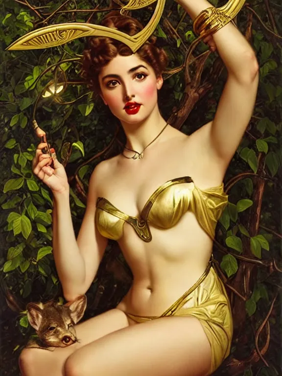 Image similar to Ana de armas as Artemis the Greek goddess of the hunt, a beautiful art nouveau portrait by Gil elvgren, Moonlit forest environment, centered composition, defined features, golden ratio, golden jewelry, sheer, unarmed