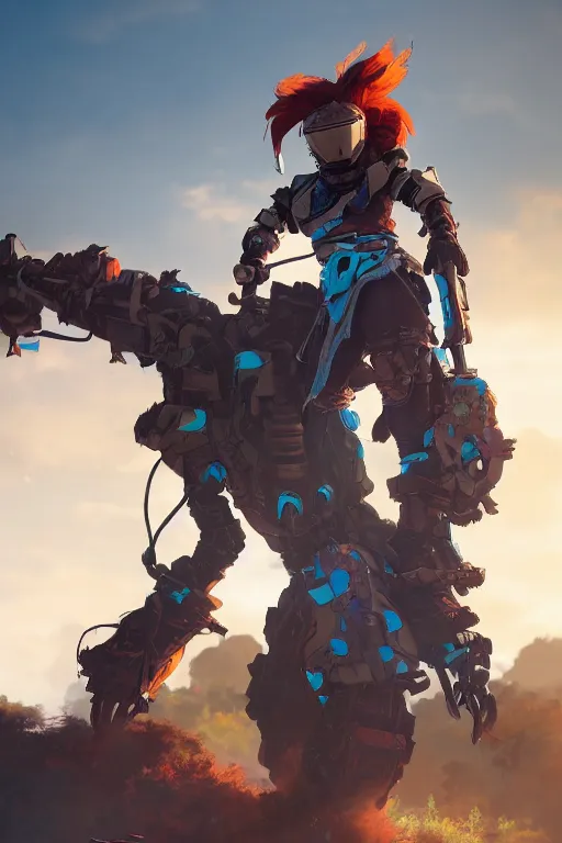 Image similar to combination suit armor aloy horizon forbidden west horizon zero dawn robot ninja mask helmet backpack tribal, aesthetic octane render, 8 k hd resolution, by ilya kuvshinov and cushart krentz and gilleard james radiating a glowing aura cgi rtx 2 0 2 2