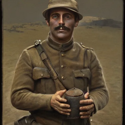 Prompt: a detailed photorealistic sepia - toned color portrait painting of a 1 9 1 7 worried clean - shaven british lieutenant in field gear in north arabia examining an ancient cylindrical clay jar, ultra realistic, intricate details, atmospheric, dark, horror, brooding, highly detailed, by clyde caldwell