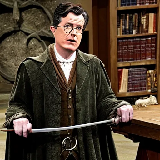 Image similar to stephen colbert as part of the fellowship of the ring