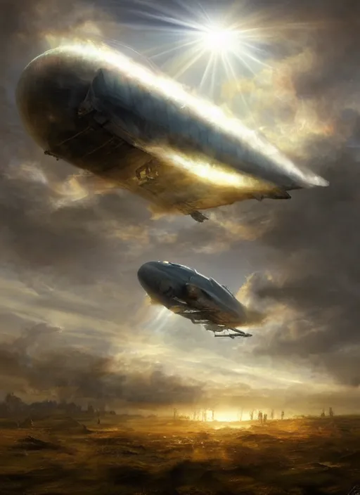 Prompt: airship flying through the clouds, volumetric light rays painted by raymond swanland