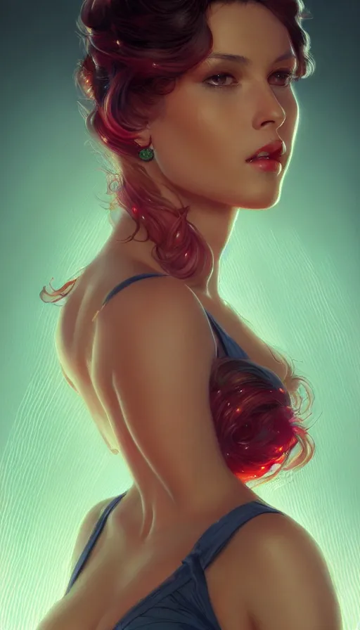 Image similar to perfect portrait of the most beautiful woman ever lived, neon, fibonacci, sweat drops, insane, pinup, intricate, highly detailed, digital painting, artstation, concept art, smooth, sharp focus, illustration, Unreal Engine 5, 8K, art by artgerm and greg rutkowski and alphonse mucha