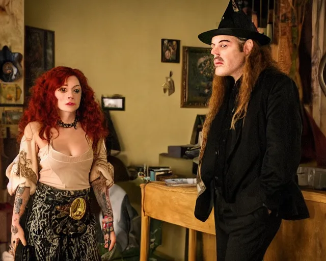 Prompt: mafioso nicky ( joe mangianello ) meets with the heavily tattooed hippie witch lydia ( rose mcgowan, curly red hair ) ; scene from the modern hbo mini series / the outfit /, a supernatural mafia crime thriller about magical monster - hunting mafiosi in philadelphia, hd 8 k film photography, with modern supernatural horror aesthetic.