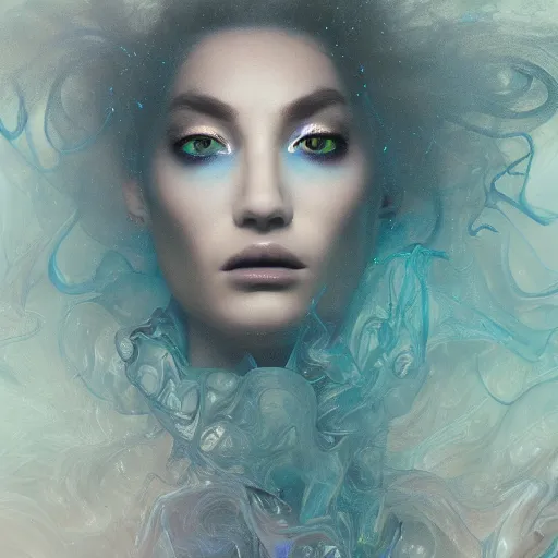 Image similar to A beautiful form made of pale blue smoke in the style of Aldo Katayanagi + Thick Milky Smoke + Mother Of Pearl +Milk and ink+ Iridescent smoky Elements + Moody Cinematic Lighting + Deep Shadows + Hyper Realistic + Maximalist Composition + Intricate Eldritch tendrils + 8K portrait + fluid dynamics