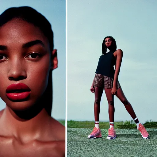 Prompt: realistic photoshoot for a new nike lookbook, color film photography, portrait of a beautiful woman in style of tyler Mitchell, 35mm, sky in the background, graflex