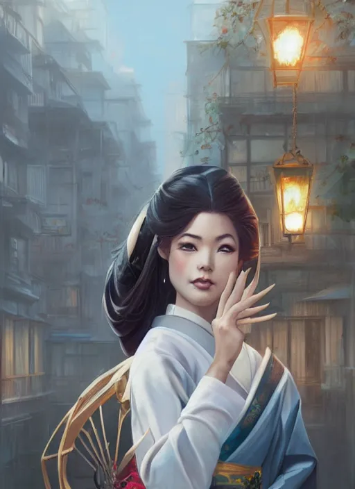 Image similar to hyper realistic geisha, by artgerm, background by greg rutkowski