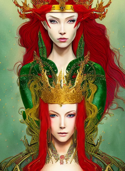 Image similar to a painting of a beautiful elven queen with long red hair, wearing green, red and gold ornate dress, golden intricate crown. detailed full body portrait, intricate complexity, concept art, in style of masamune shiro and ghost in the shell. cinematic dramatic atmosphere, sharp focus, rule of thirds, 4 k,