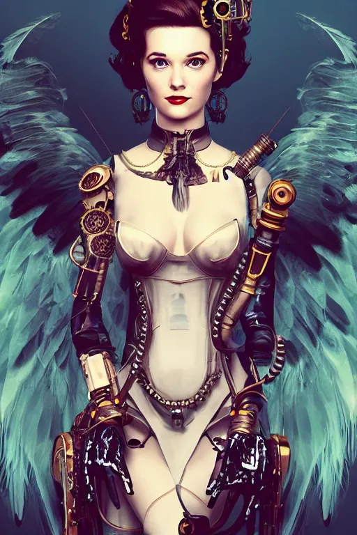 Prompt: Hepburn has a steampunk body and angel white feather wings, vertical portrait, symmetrical face, f1.8, 50mm, vibrant light leaks,high detailed, trending on artstation.