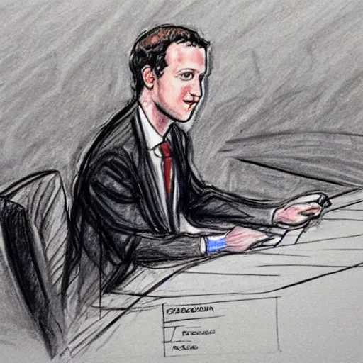 Prompt: mark zuckerburg courtroom sketch, pencil sketch, sketch, released by the sun