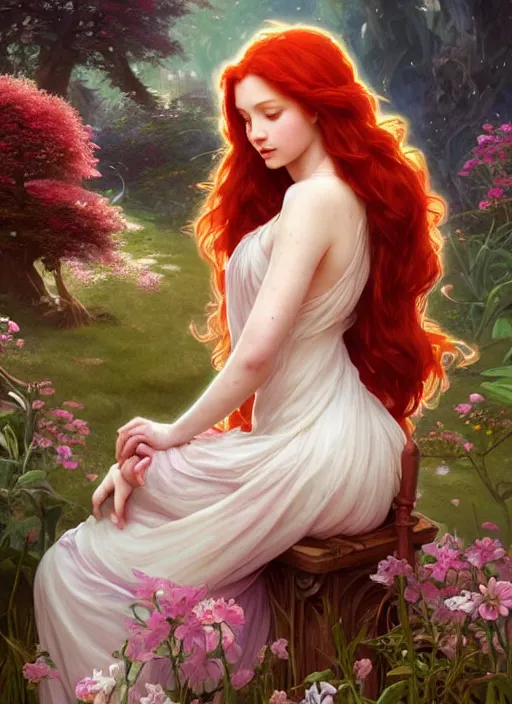 Image similar to a beautiful red haired woman as an angelic fairy princess in a garden, deep focus, d & d, fantasy, intricate, elegant, highly detailed, digital painting, artstation, concept art, matte, sharp focus, illustration, hearthstone, art by artgerm and greg rutkowski and alphonse mucha