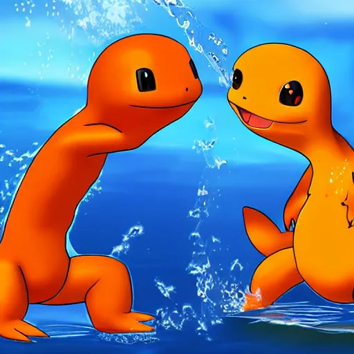 Image similar to a charmander with water powers, digital art, realistic,ocean background